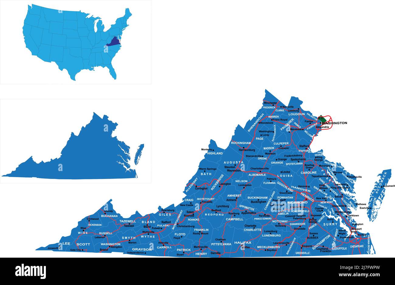 Mappa dettagliata di stato-contea della Virginia. Illustrazione Vettoriale