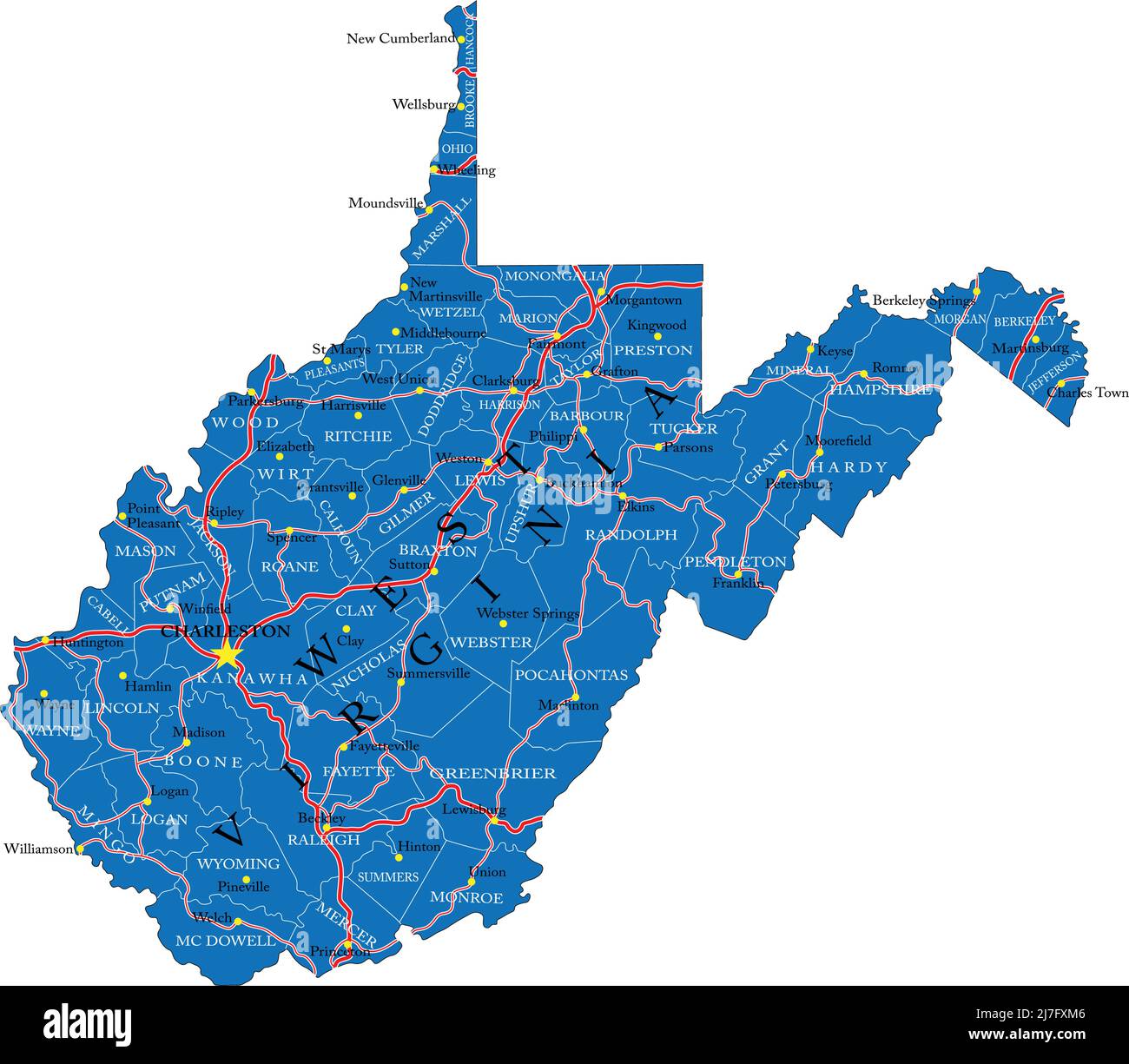 Mappa dettagliata dello stato del West Virginia, in formato vettoriale, con confini della contea, strade e città principali. Illustrazione Vettoriale