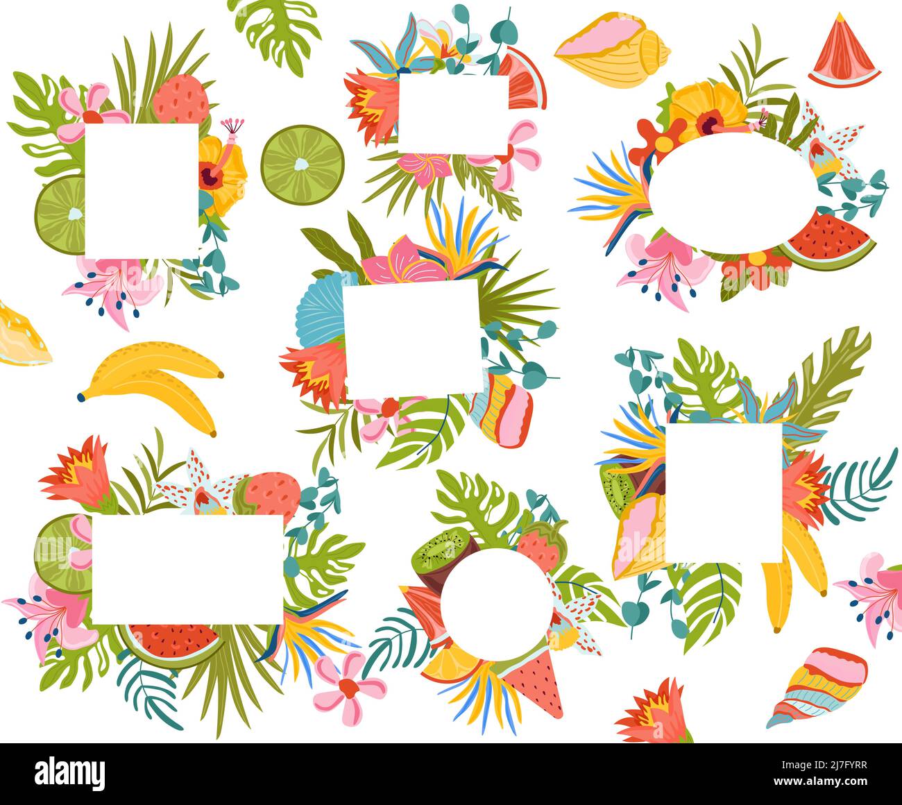 Set di composizioni estive, foglie tropicali, fiori e frutti esotici con cornici interne per il testo. Illustrazione vettoriale Illustrazione Vettoriale