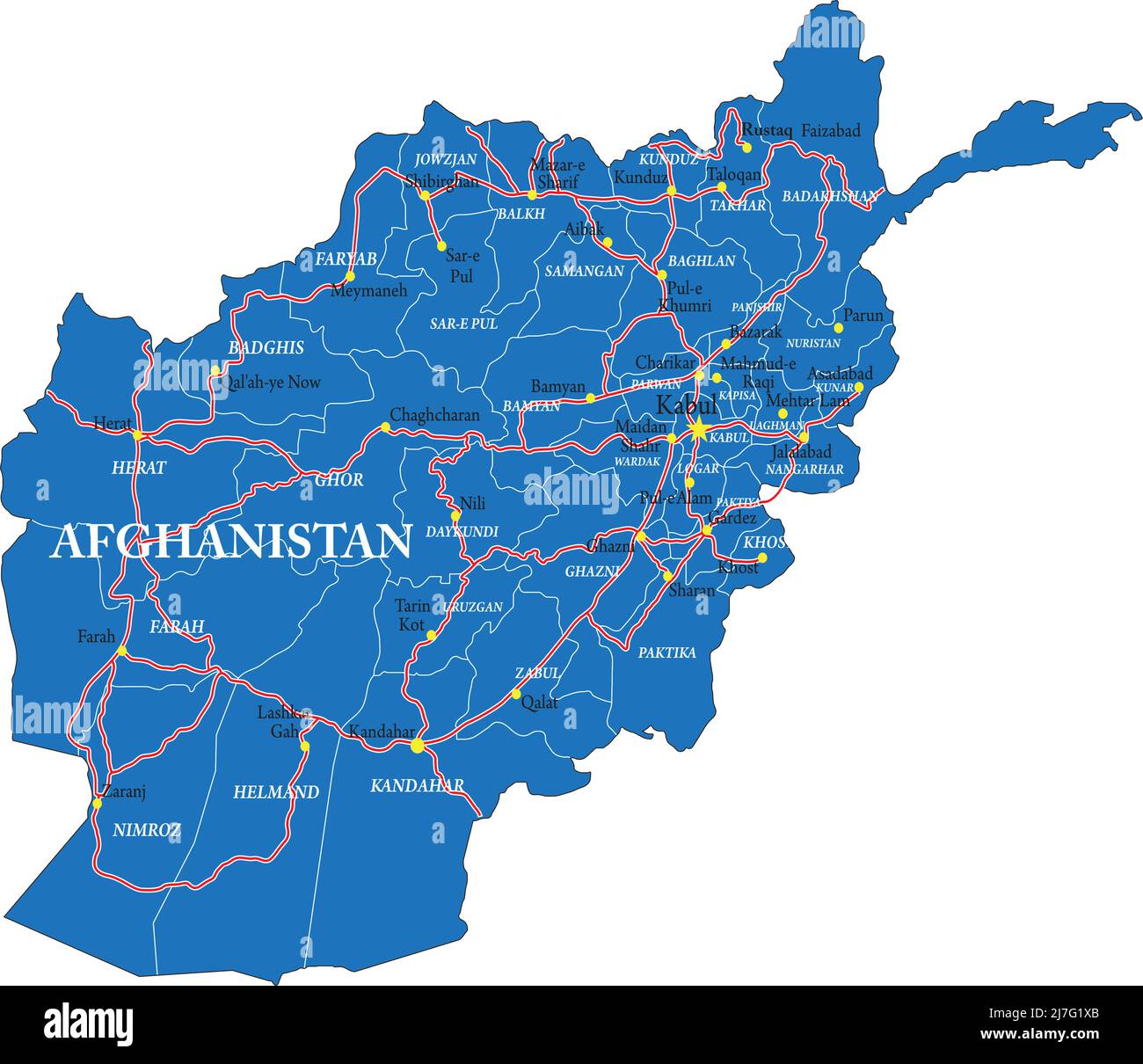Mappa vettoriale altamente dettagliata dell'Afghanistan con regioni, città e strade principali. Illustrazione Vettoriale