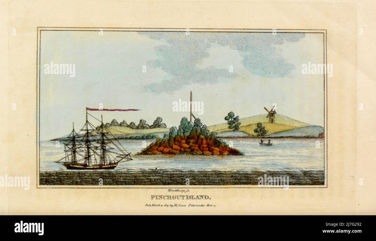 Pinchgut Island dal libro ' Un resoconto di un viaggio nel nuovo Galles del Sud ' di George Barrington, 1755-1804. Data di pubblicazione 1803 Editore Londra : M. Jones. George Barrington (Londra, 14 maggio 1755 – Londra, 27 dicembre 1804) è stato un . Le sue scappatelle, gli arresti e le prove furono ampiamente cronometrate sulla stampa londinese del suo tempo. Per oltre un secolo dopo la sua morte, Foto Stock