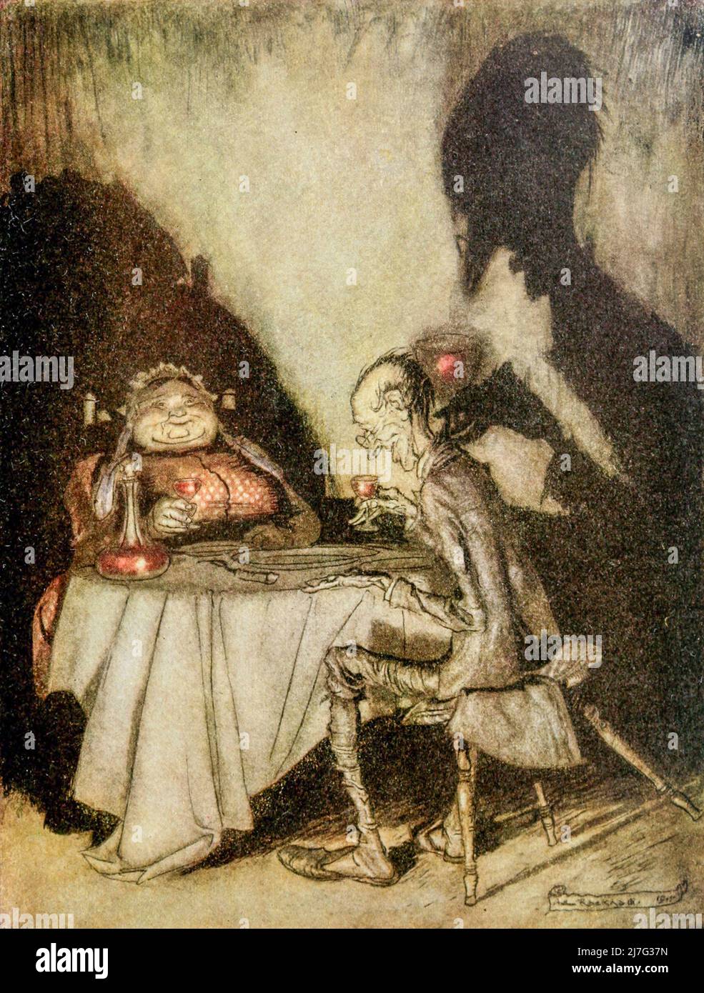 Jack Sprat non poteva mangiare grasso, sua moglie non poteva mangiare magra, e così, tra loro entrambi, leccarono il piatto pulito da 'Madre Goose le vecchie rime nursery ' illustrato da Arthur Rackham, pubblicato nel 1913 Foto Stock