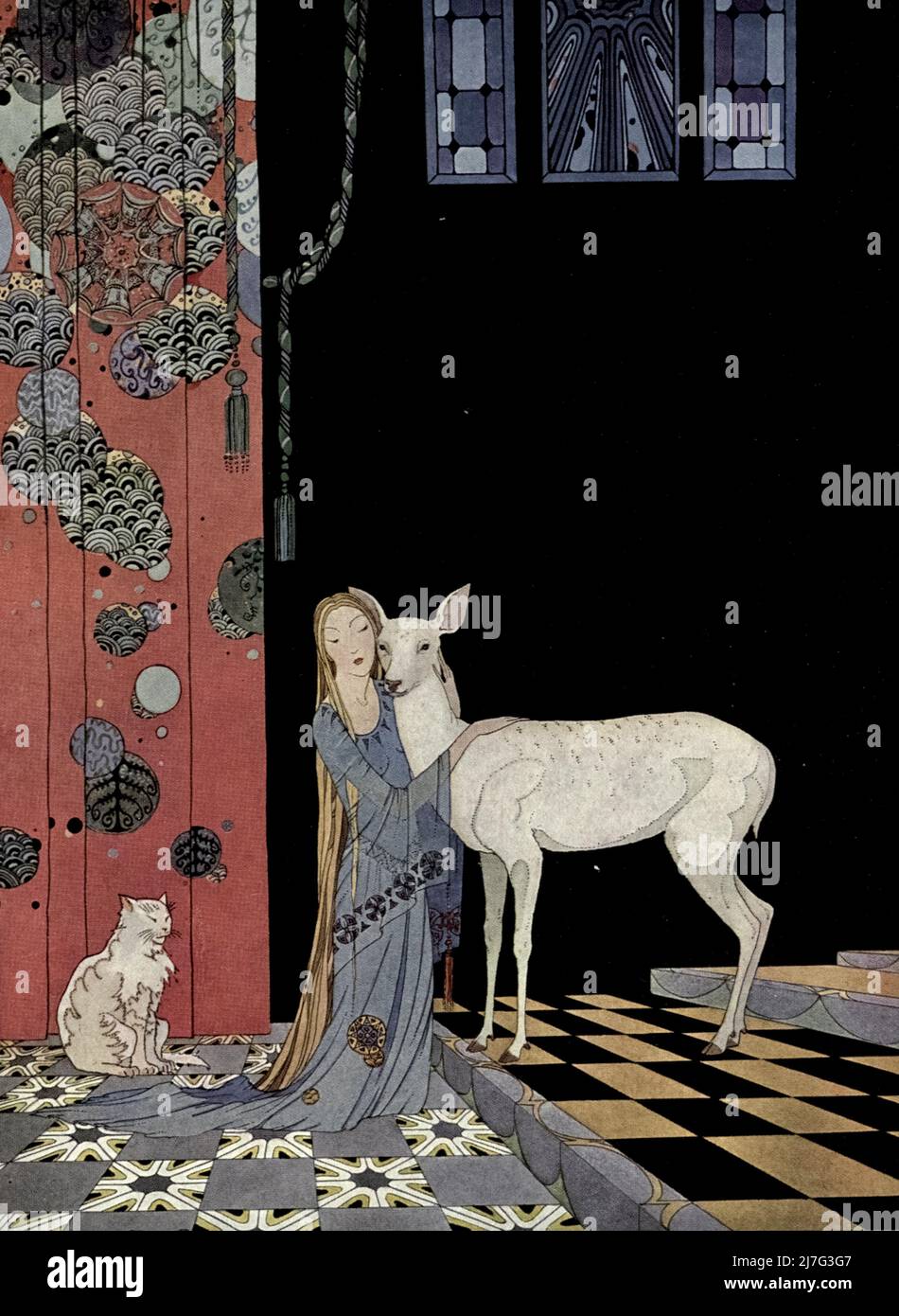 Ha gettato le braccia intorno al collo di Bonne-Biche dalla storia BLONDINE. BONNE-BICHE, E BEAU-MINON dal libro ' Old French Fairy Thales ' di comtesse de Ségur, Sophie, 1799-1874; e illustrato da Virginia Frances Sterrett. Pubblicato a Philadelphia, dalla società editoriale Penn 1920. Un libro meraviglioso con 5 fiabe francesi senza tempo magnificamente illustrato con 8 bella e drammatica pagina a colori e molti disegni in bianco e nero di Virginia Frances Sterrett. "Quando aveva solo 19 anni, questo era il primo libro di Serrett (nato a Chicago), Foto Stock