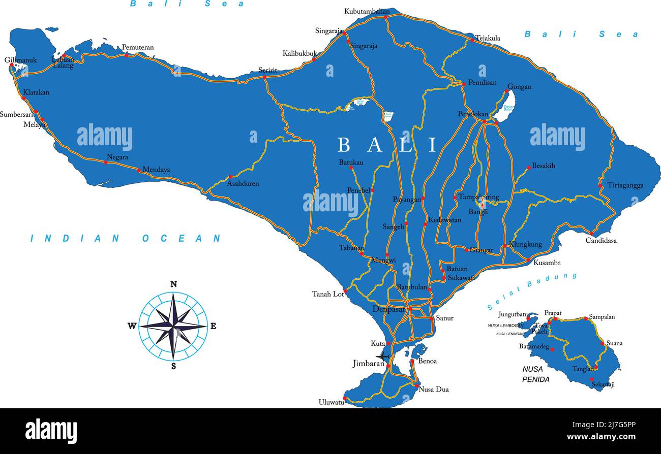 Bali mappa vettoriale molto dettagliata con regioni amministrative, città principali e strade. Illustrazione Vettoriale