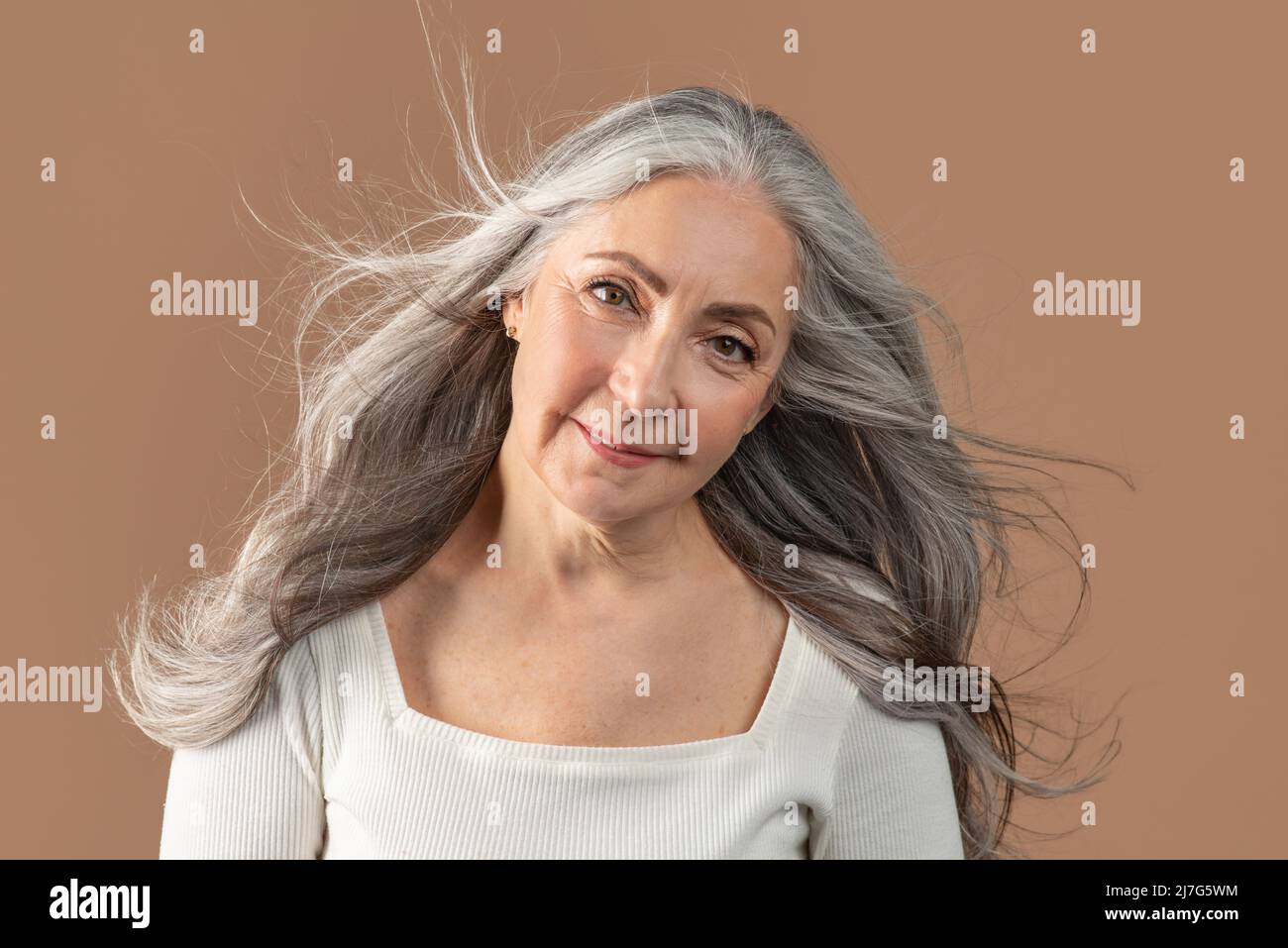 Ritratto di sorridente donna anziana in posa con capelli lunghi e sani di colore grigio che soffiano sullo sfondo marrone dello studio Foto Stock