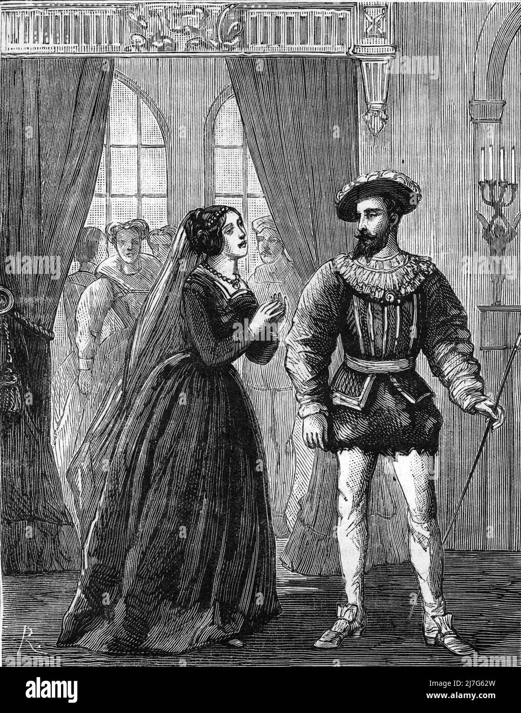 'Diane de Poitiers (1500-1566) demandant au roi Francois Ier la Grace pour son pere Jean de Poitiers-Valentinois (?-1539) accuse de complicite dans la trahison du connetable de Bourbon 1524 ) (nel 1524, Diane de Poitiers, che chiedeva a Francesco la misericordia per il suo Jean de Poitiers, è stato accusato di tradimento e condannato a morte, Ma la sua sentenza fu commutato - fu invece confinato in prigione fino al Trattato di Madrid nel 1526) gravure tiree de 'Les mysteres du Grand monde' de Fulgence Girard Collection privee Foto Stock
