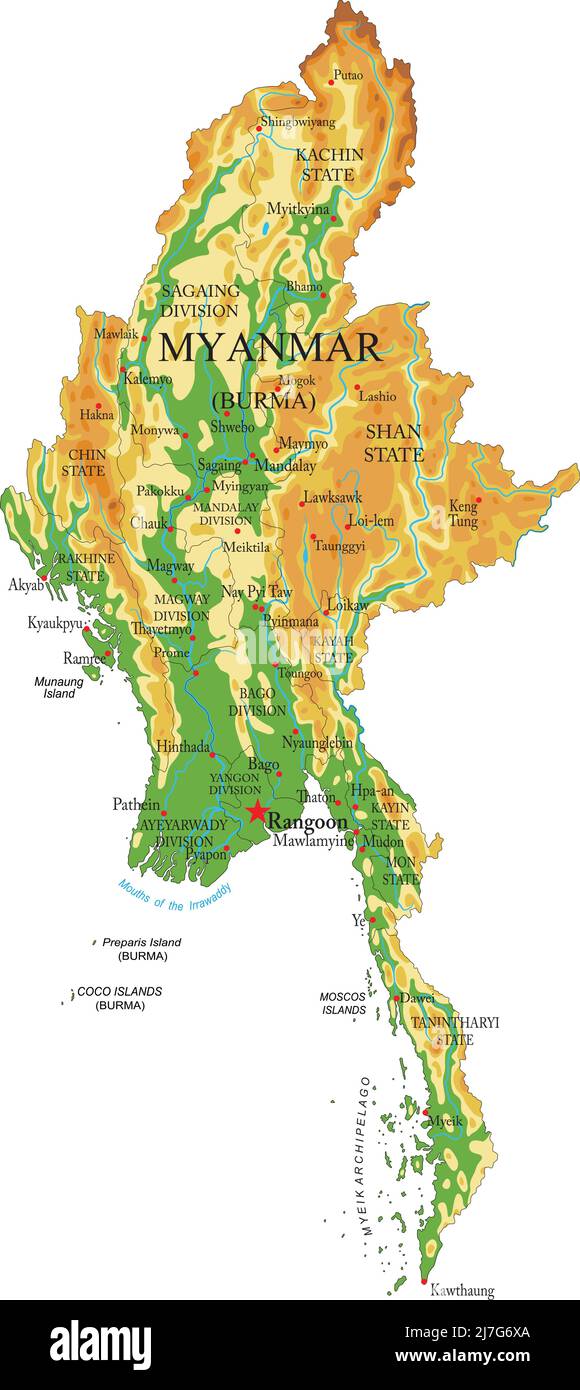 Mappa fisica molto dettagliata del Myanmar, in formato vettoriale, con tutte le forme di rilievo, regioni e grandi città. Illustrazione Vettoriale