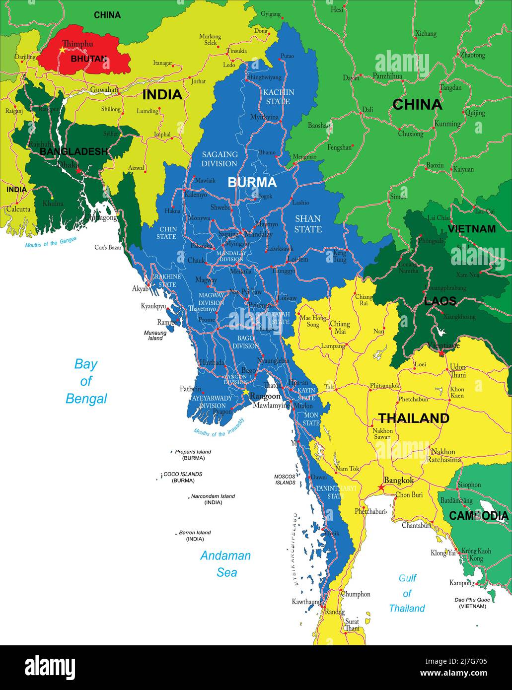 Myanmar (Birmania) Mappa vettoriale molto dettagliata con regioni amministrative, principali città e strade. Illustrazione Vettoriale
