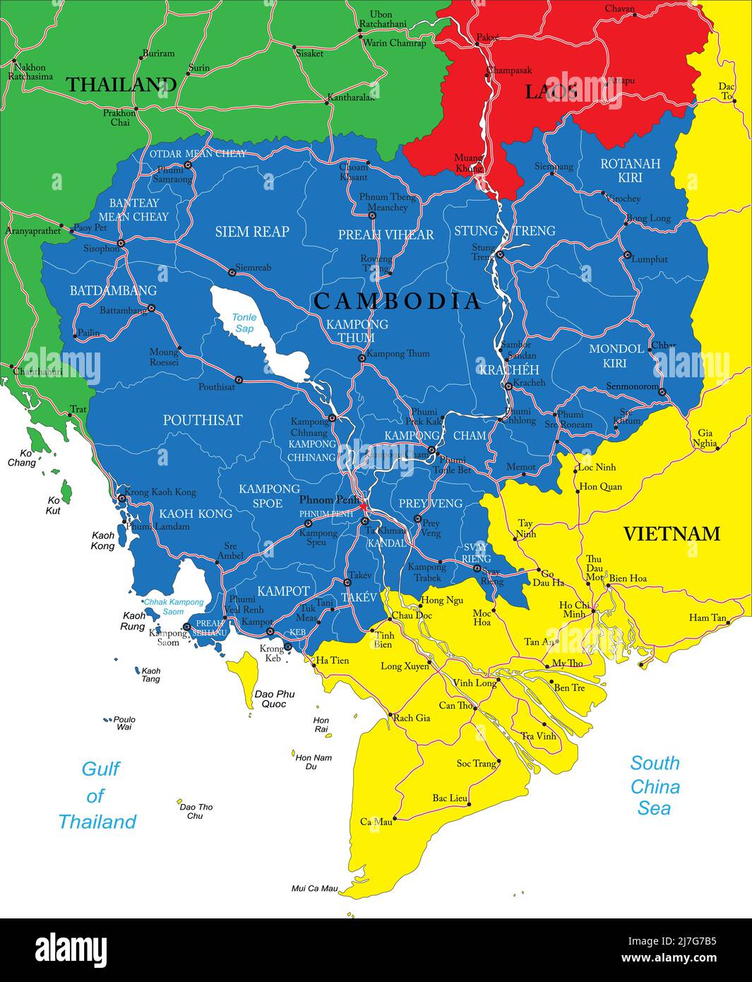 Cambogia mappa vettoriale molto dettagliata con regioni amministrative, principali città e strade. Illustrazione Vettoriale