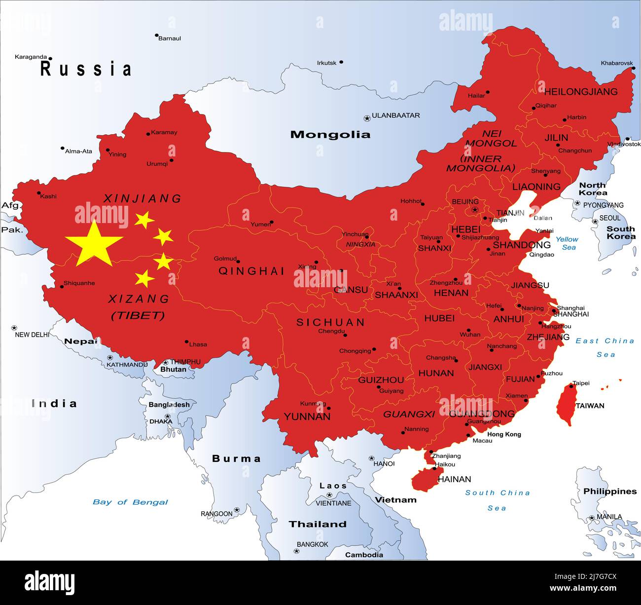 Mappa molto dettagliata della Cina con tutte le diverse regioni e città principali Illustrazione Vettoriale