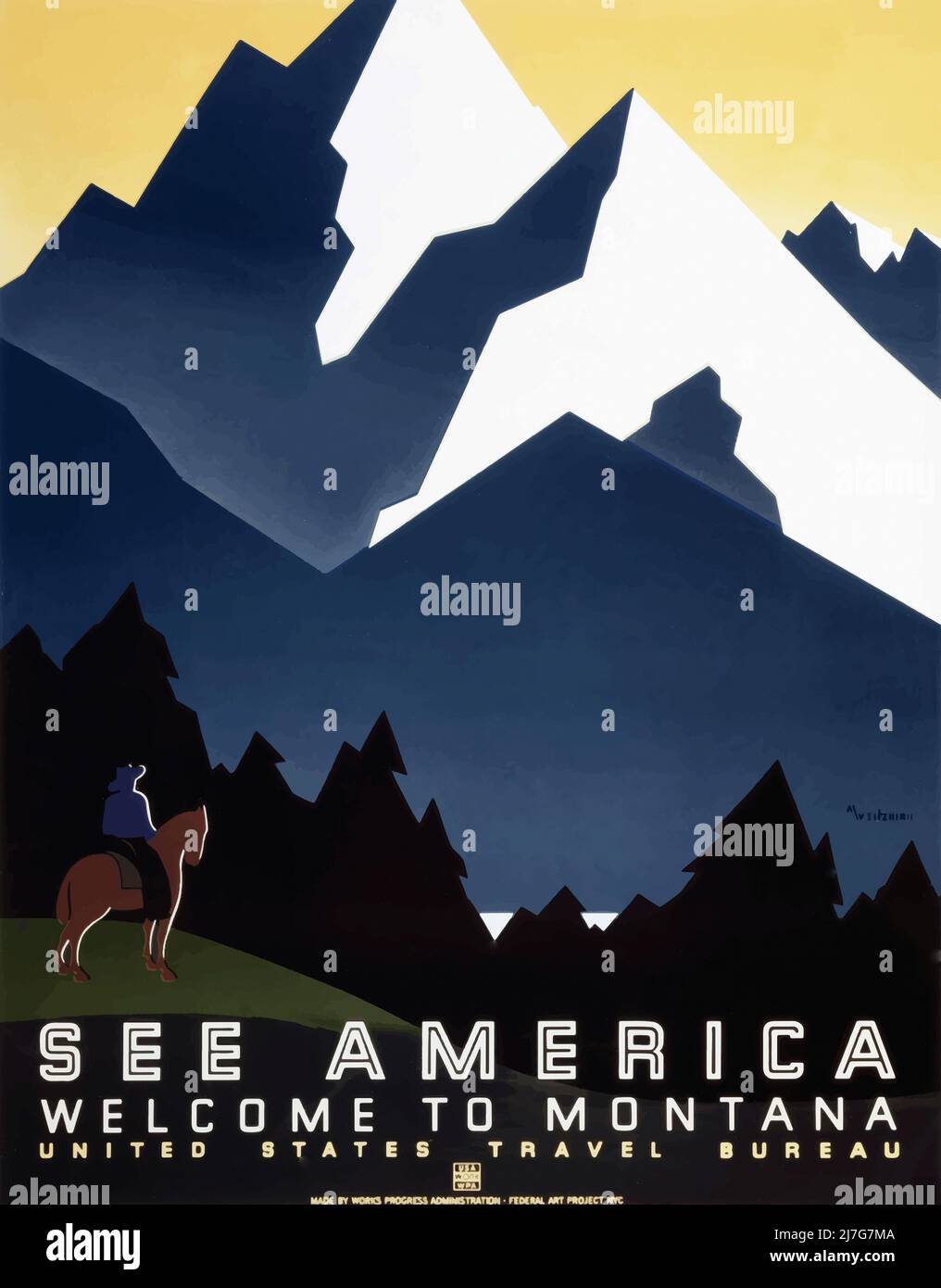 Poster di viaggio vintage 1930s - VEDI IL POSTER DELL'AMERICA, Benvenuto nel MONTANA - il poster dell'ufficio di viaggio degli Stati Uniti che promuove il turismo americano Foto Stock