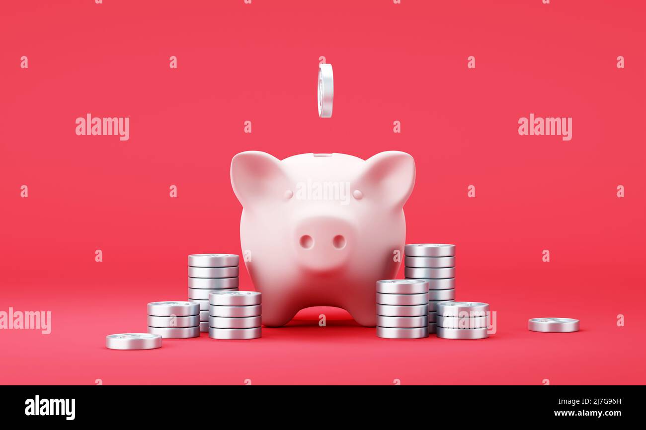 Piggy banca con monete in dollari in caduta su sfondo rosso Foto Stock