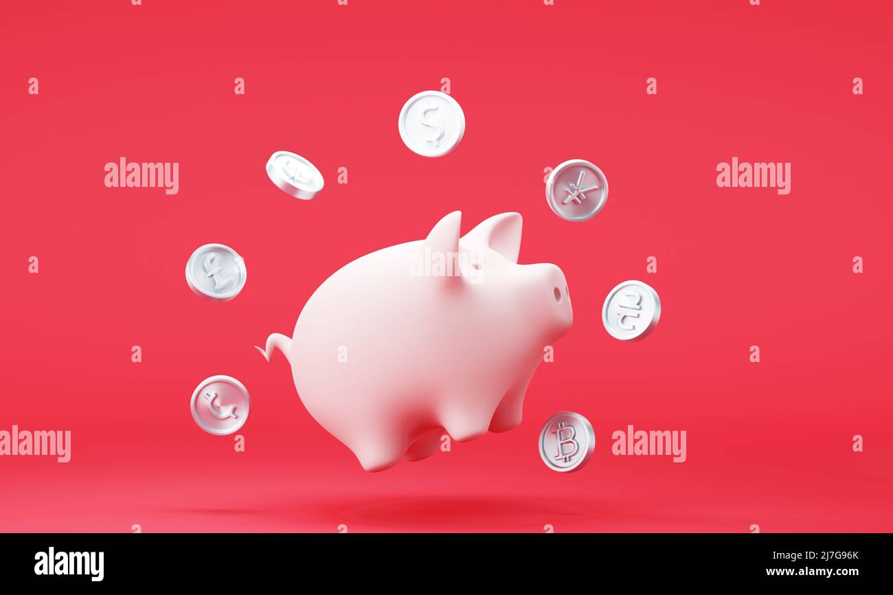 Piggy banca con monete in dollari in caduta su sfondo rosso Foto Stock