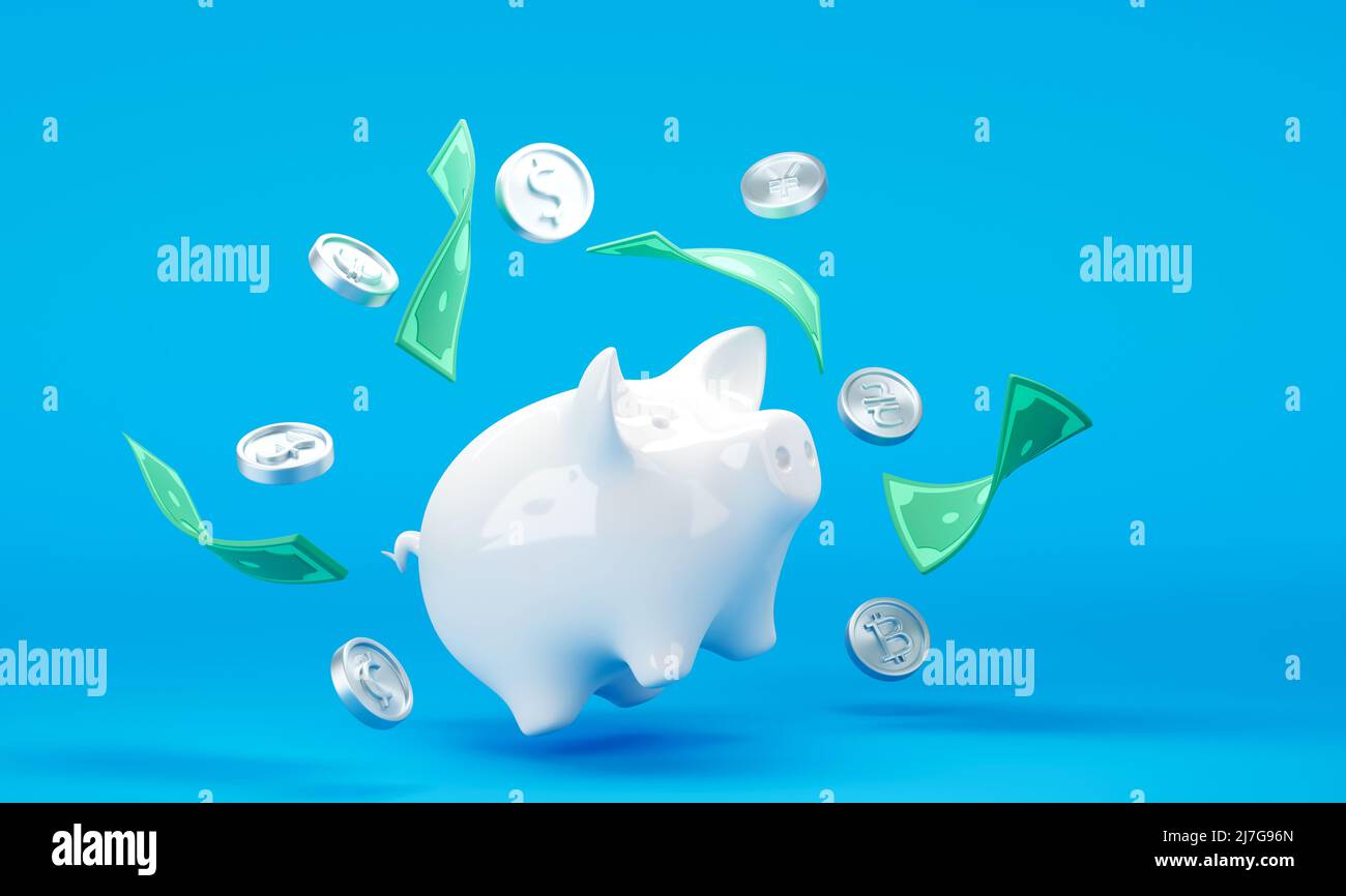 Banca bianca del piggy con le fatture e le monete del dollaro cadenti su sfondo blu Foto Stock