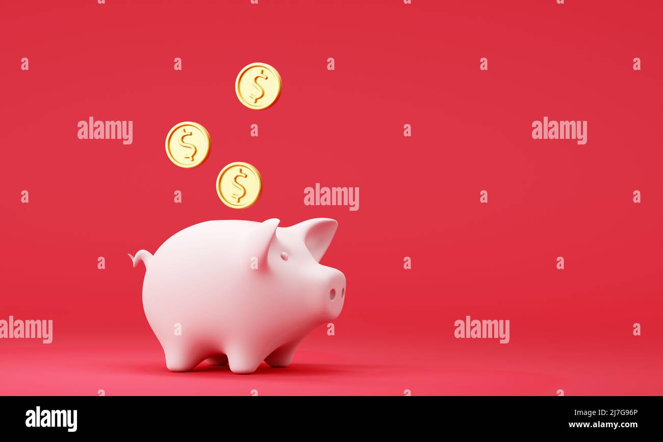 Piggy banca con monete in dollari in caduta su sfondo rosso Foto Stock