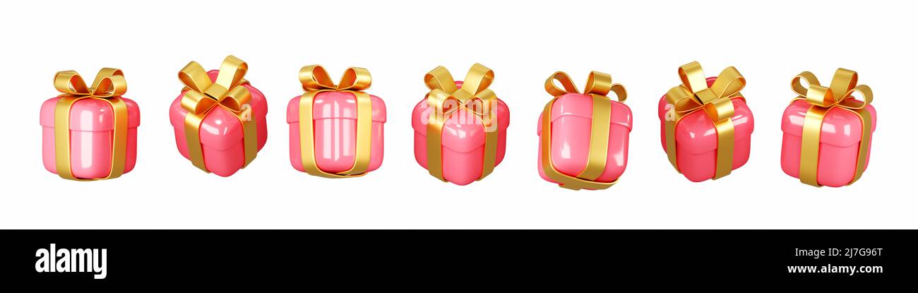 Scatole regalo rosa con archi d'oro isolati su sfondo bianco in diverse viste Foto Stock