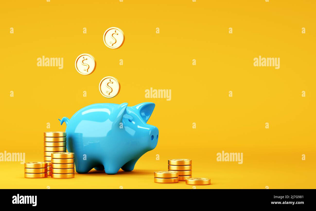 Blue bank con monete in dollari in caduta su sfondo luminoso Foto Stock