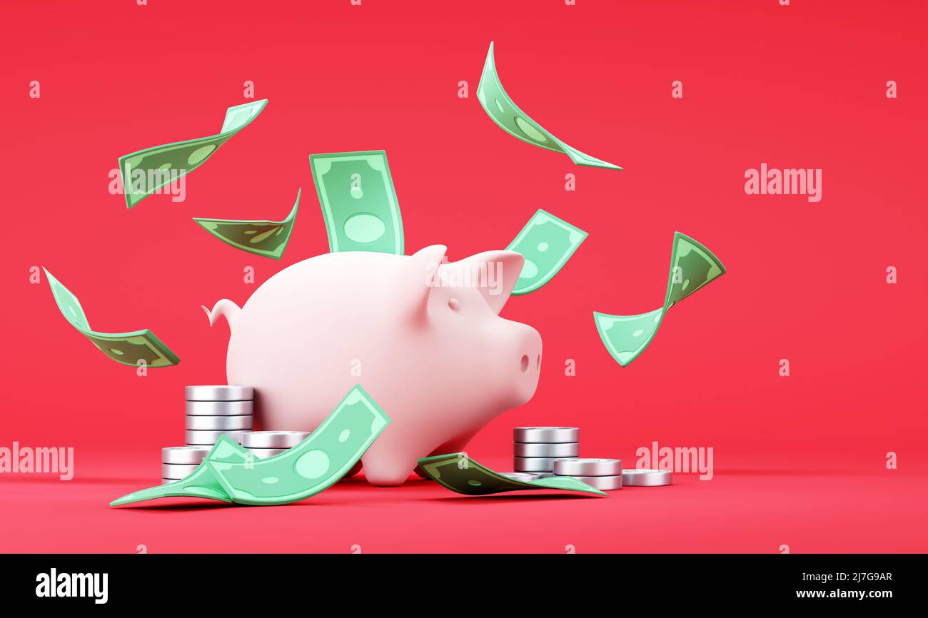 Rosa Piggy banca con cadendo bollette e monete in dollari su sfondo blu Foto Stock