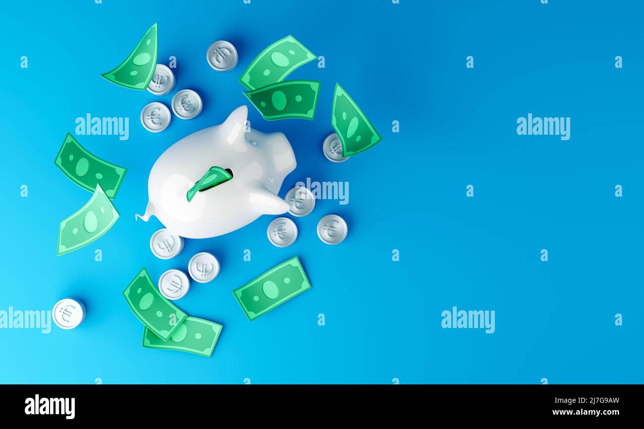 Banca bianca del piggy con le fatture e le monete del dollaro cadenti su sfondo blu Foto Stock