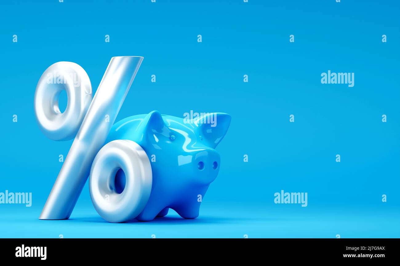 Blue Piggy banca con segno di percentuale su sfondo blu Foto Stock