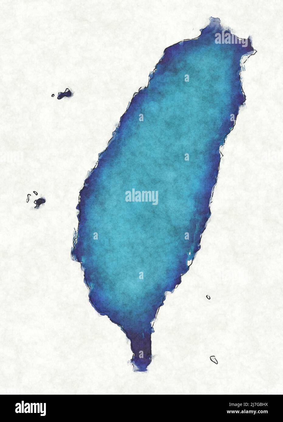 Mappa di Taiwan con linee tracciate e illustrazione dell'acquerello blu Foto Stock