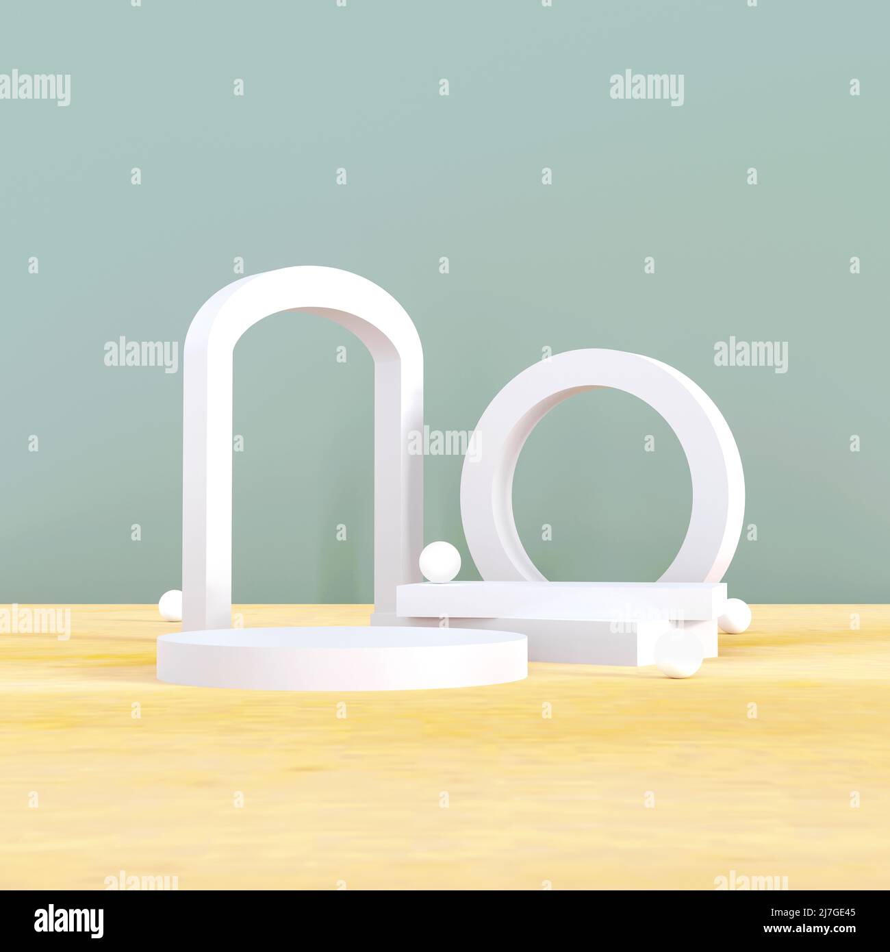 scena minimale bianca con forme geometriche. Podio cilindrico bianco su sfondo verde. 3D palcoscenico per esporre un cosmetico, panetteria, cibo e bevande pr Foto Stock