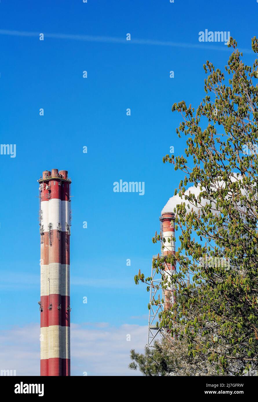 I camini fumanti di una centrale contro un cielo blu in Polonia Foto Stock