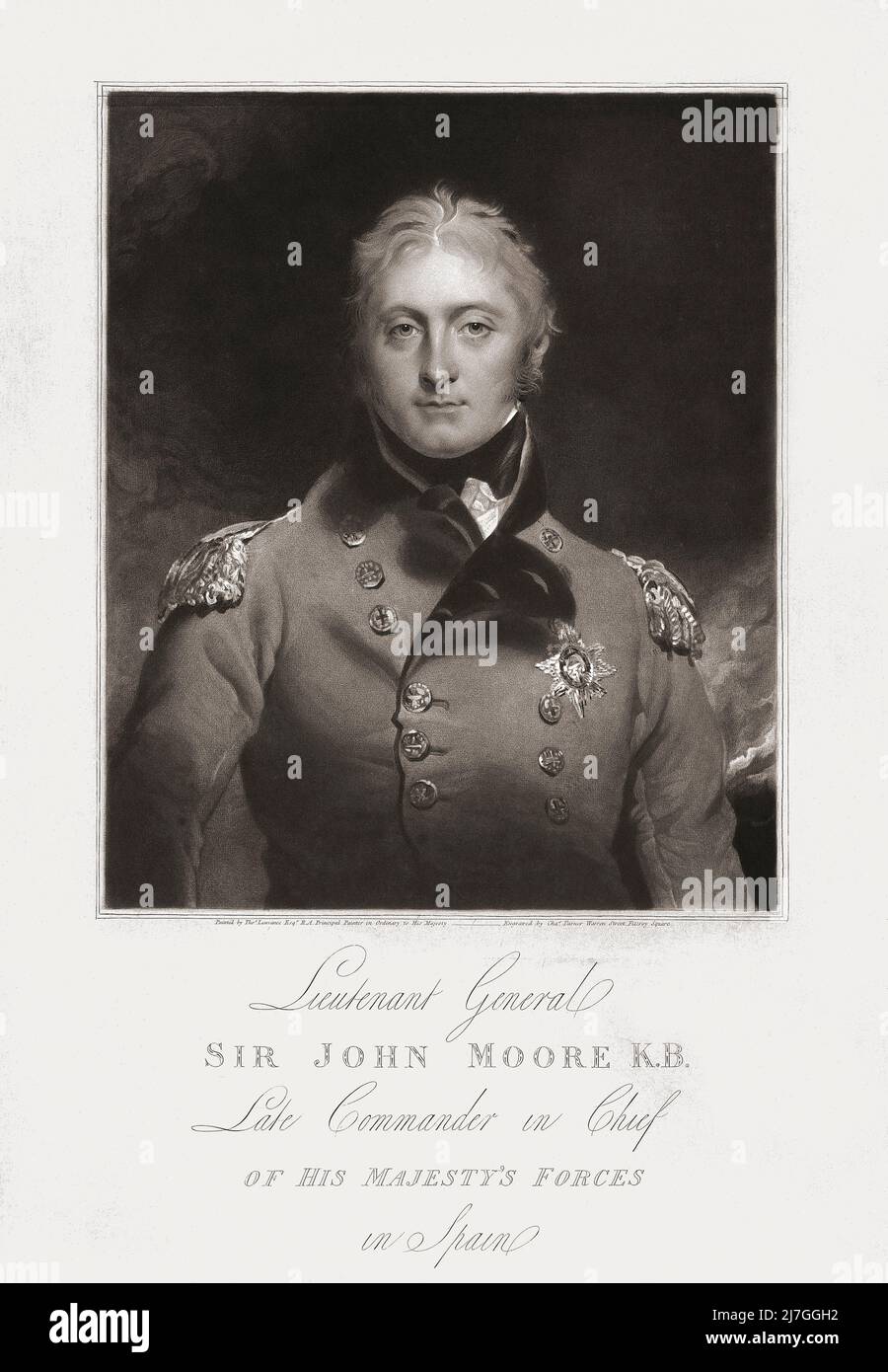 Luogotenente generale Sir John Moore, 1761 - 1809. Militare scozzese dell'esercito britannico che è stato ucciso alla battaglia di Corunna durante la guerra della penisola. Inciso da Charles Turner dopo il dipinto di Sir Thomas Lawrence. Foto Stock