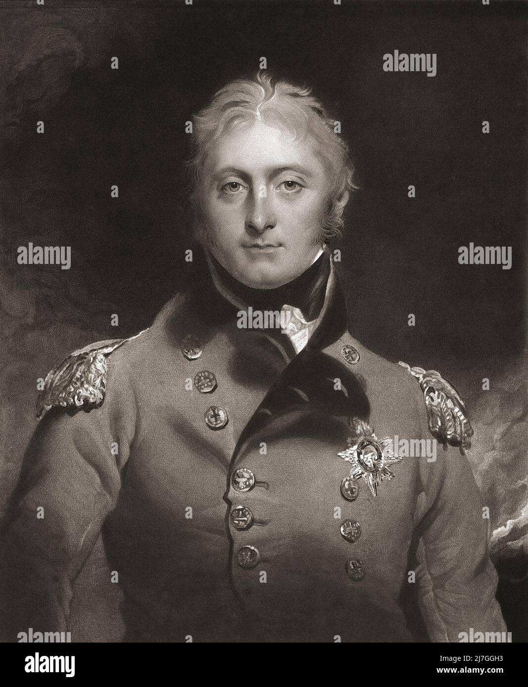 Luogotenente generale Sir John Moore, 1761 - 1809. Militare scozzese dell'esercito britannico che è stato ucciso alla battaglia di Corunna durante la guerra della penisola. Inciso da Charles Turner dopo il dipinto di Sir Thomas Lawrence. Foto Stock