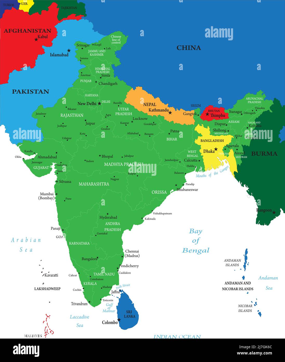 Mappa altamente dettagliata dell'India. Illustrazione Vettoriale