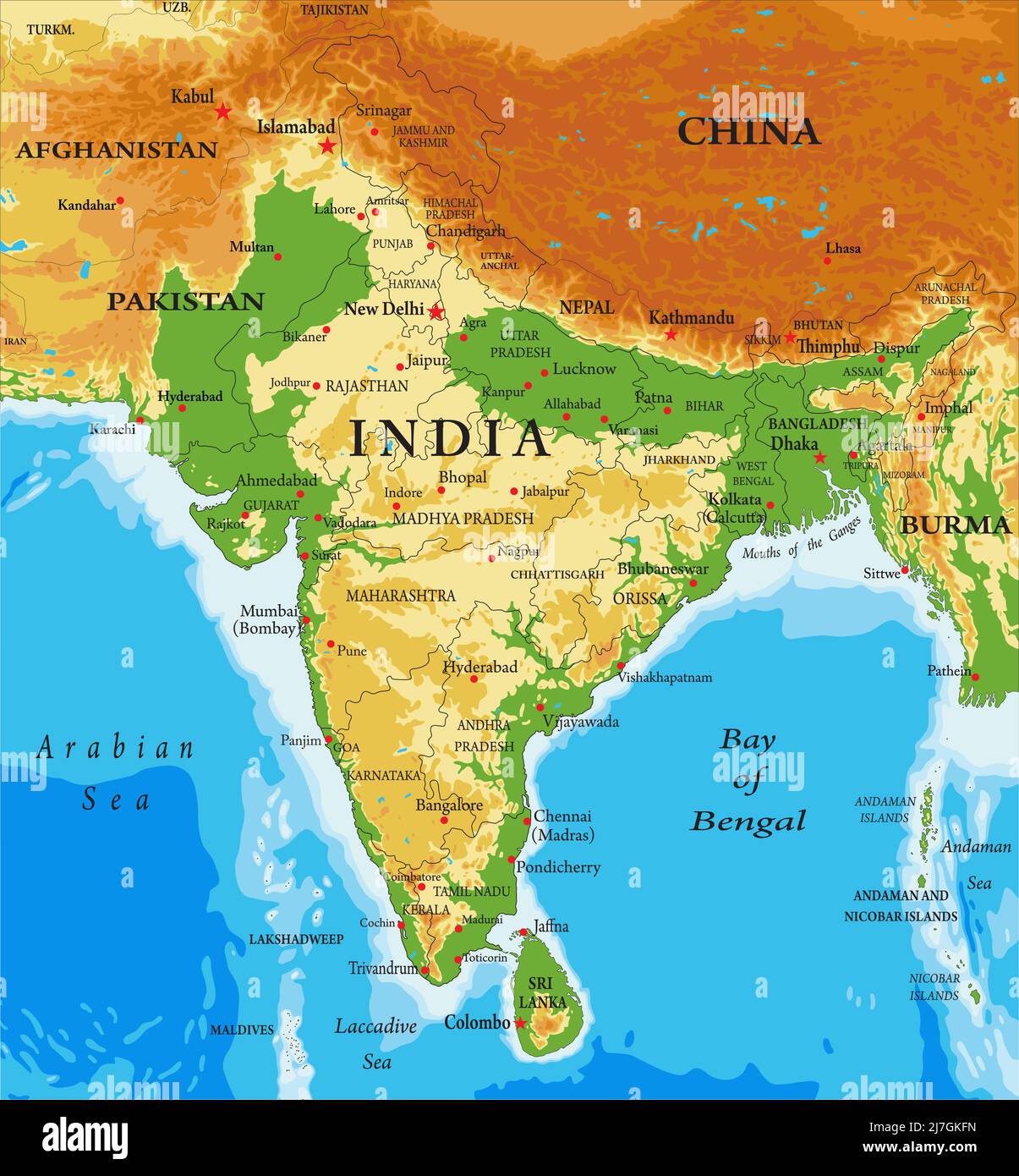 Mappa fisica altamente dettagliata dell'India, in formato vettoriale, con tutte le forme di rilievo, regioni e grandi città. Illustrazione Vettoriale