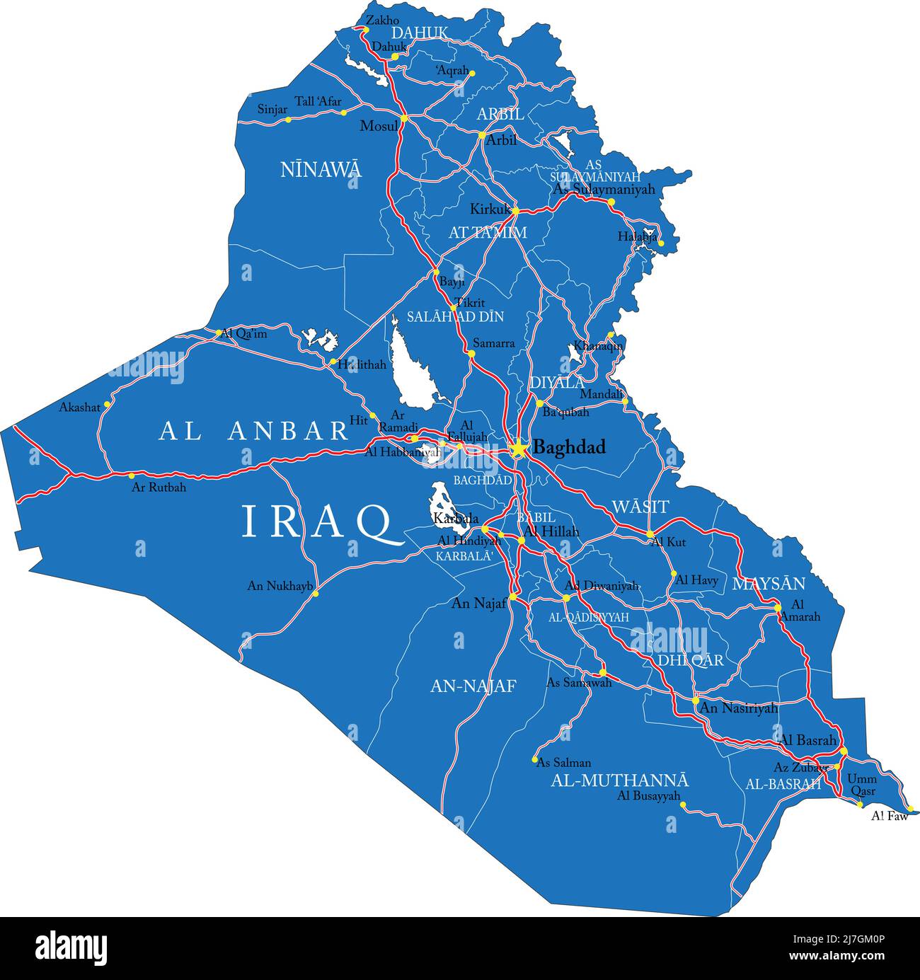 Mappa vettoriale molto dettagliata dell'Iraq con regioni amministrative, principali città e strade. Illustrazione Vettoriale