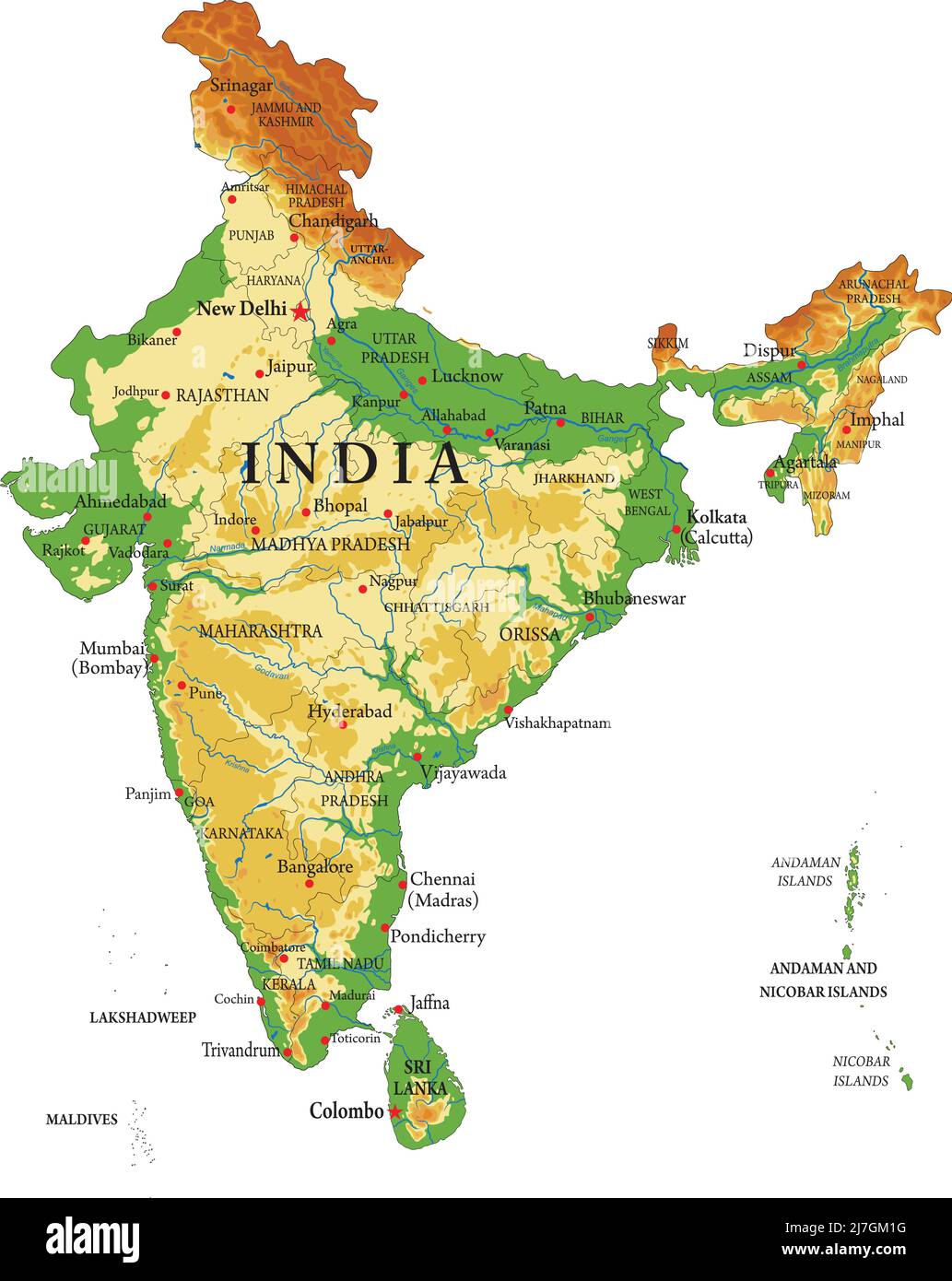 Mappa fisica altamente dettagliata dell'India, in formato vettoriale, con tutte le forme di rilievo, regioni e grandi città. Illustrazione Vettoriale