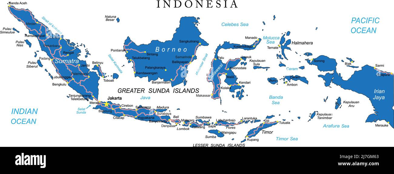 Mappa vettoriale molto dettagliata dell'Indonesia con regioni amministrative, principali città e strade. Illustrazione Vettoriale