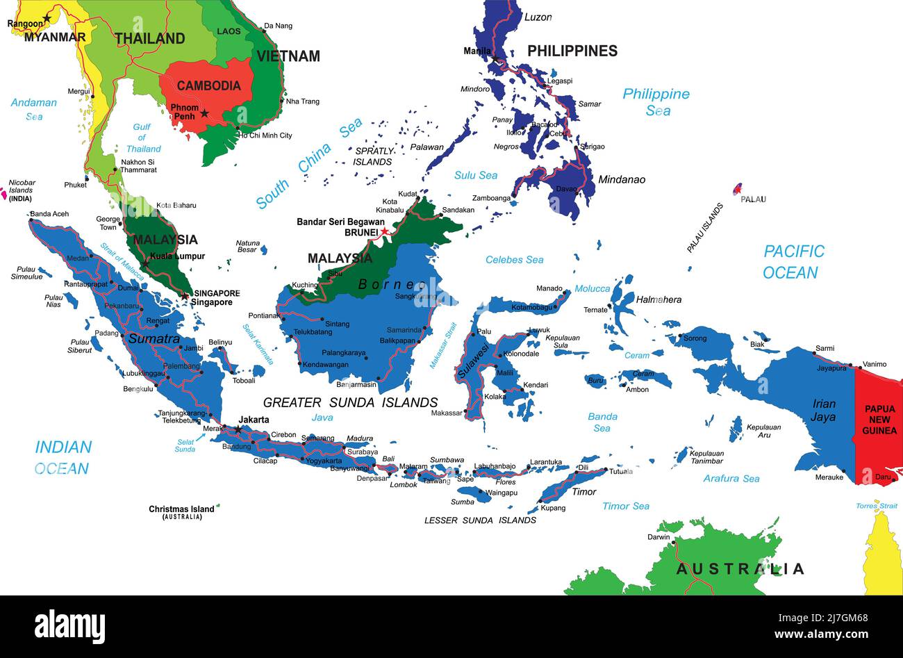 Indonesia Mappa vettoriale dettagliata con confini del paese, nomi delle province, strade principali e una silhouette di stato molto dettagliata. Illustrazione Vettoriale