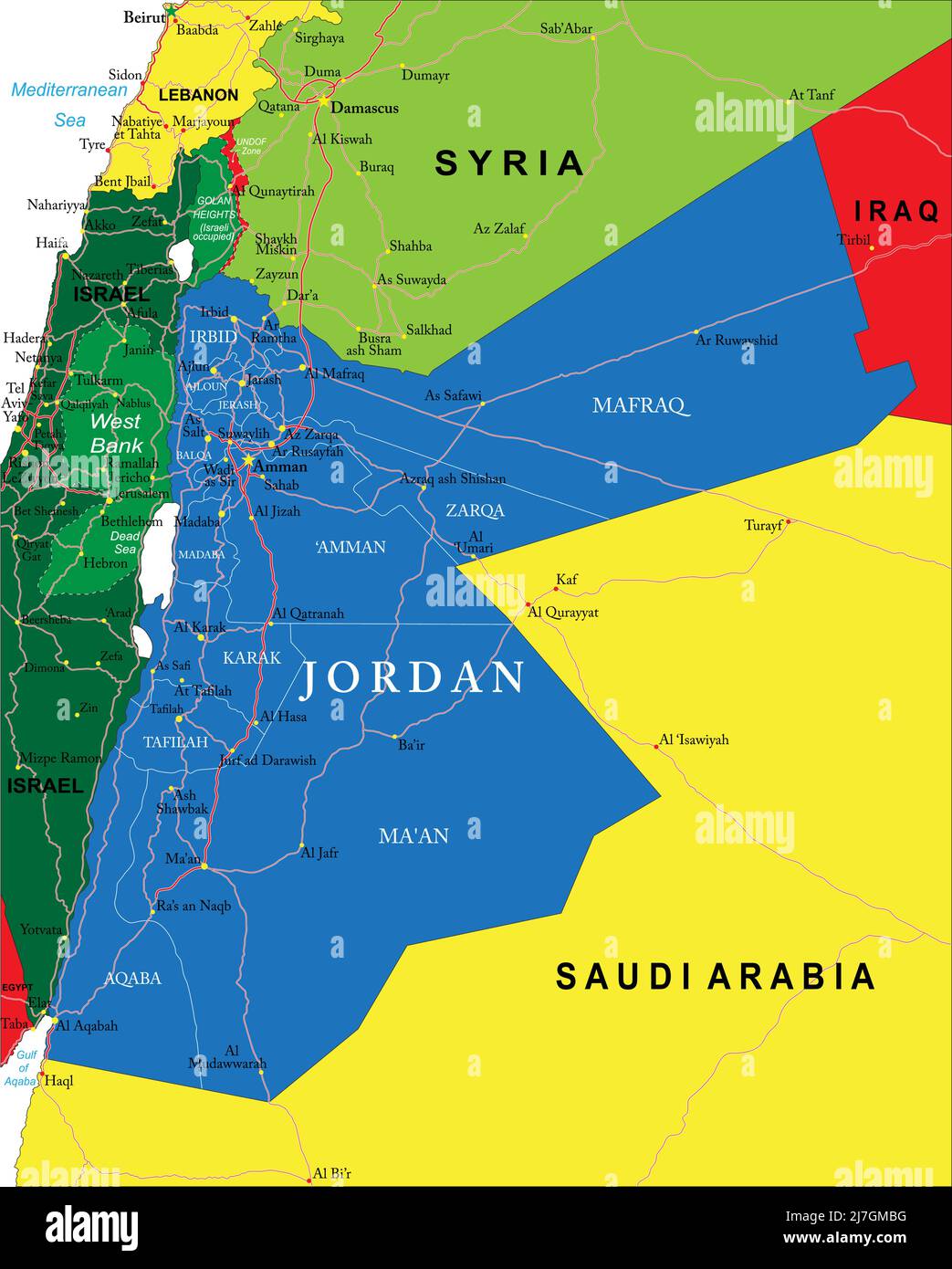Mappa vettoriale molto dettagliata della Giordania con regioni amministrative, principali città e strade. Illustrazione Vettoriale
