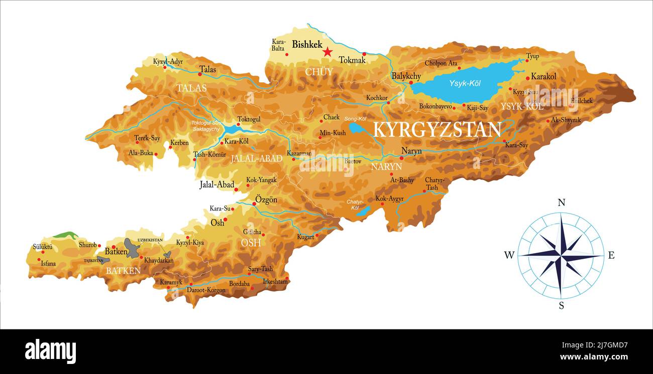 Mappa fisica molto dettagliata del Kirghizistan, in formato vettoriale, con tutte le forme di rilievo, regioni e grandi città. Illustrazione Vettoriale