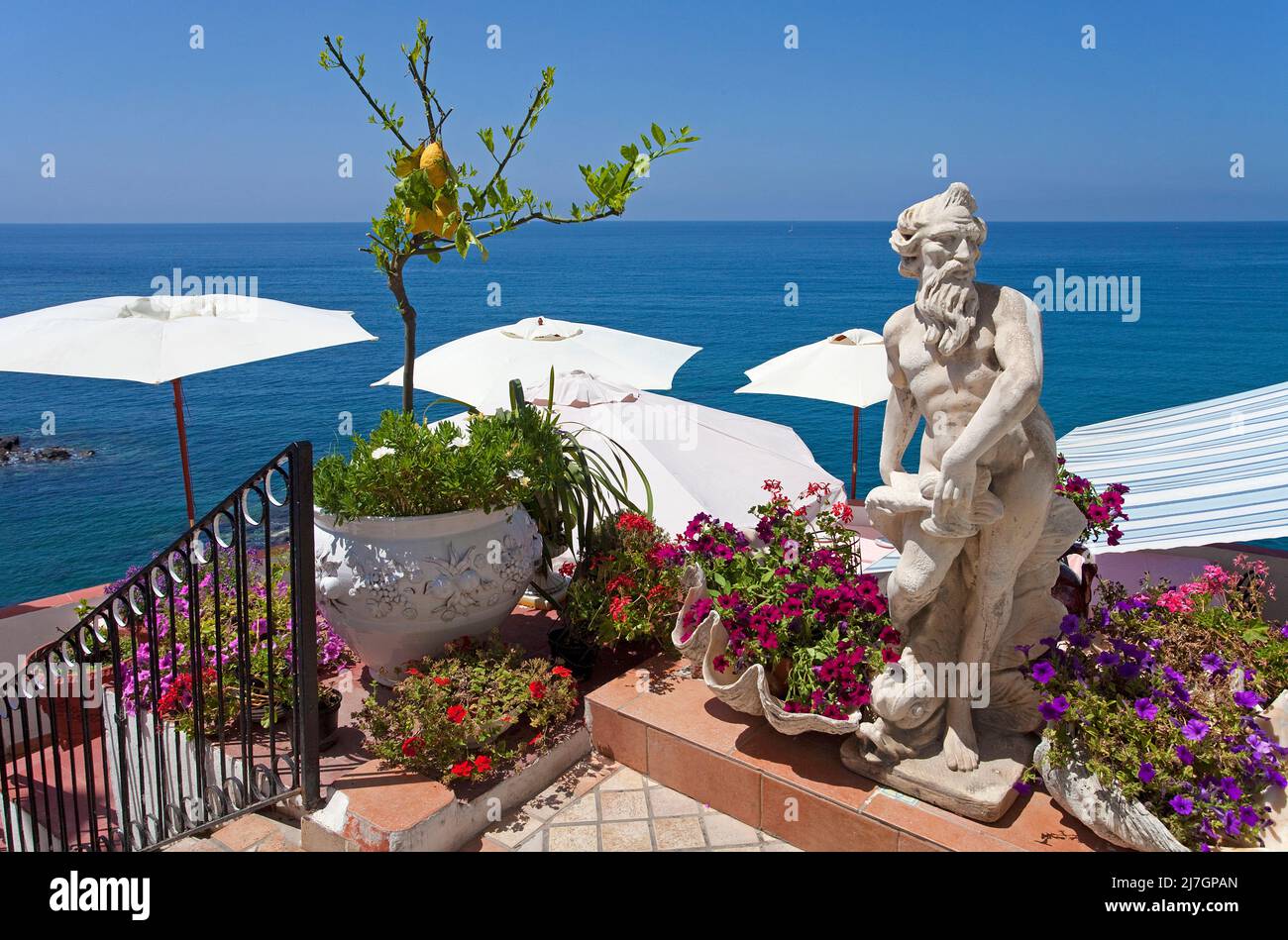Scultura e limoneto nel pittoresco villaggio di pescatori, Sant'Angelo, isola d'Ischia, Golfo di Neapel, Italia, Mar Mediterraneo, Europa Foto Stock
