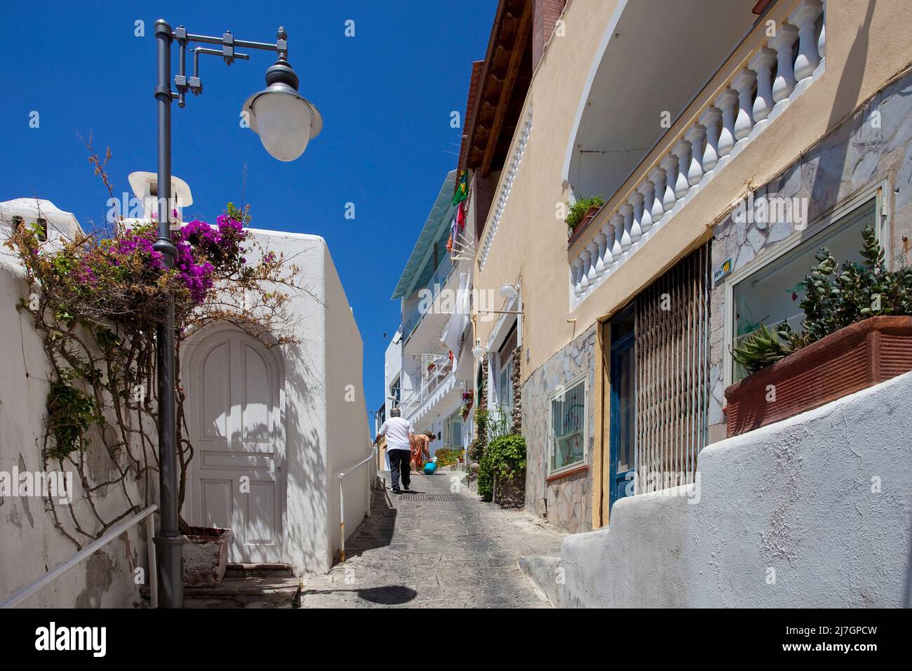 Vicolo nel pittoresco villaggio di pescatori Sant' Angelo, isola d'Ischia, Golfo di Neapel, Italia, Mar Mediterraneo, Europa Foto Stock