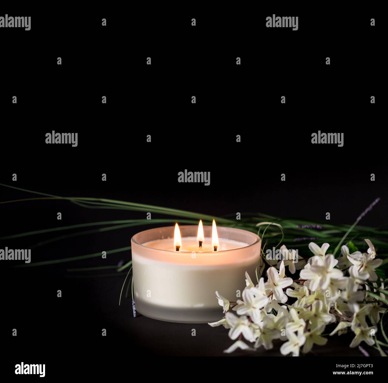 Grande ciotola di vetro della candela con tre wicks della candela ed i fiori disposti su uno sfondo nero con lo spazio della copia Foto Stock