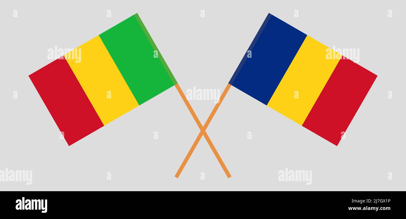 Bandiere incrociate di Mali e Romania. Colori ufficiali. Proporzione corretta. Illustrazione vettoriale Illustrazione Vettoriale