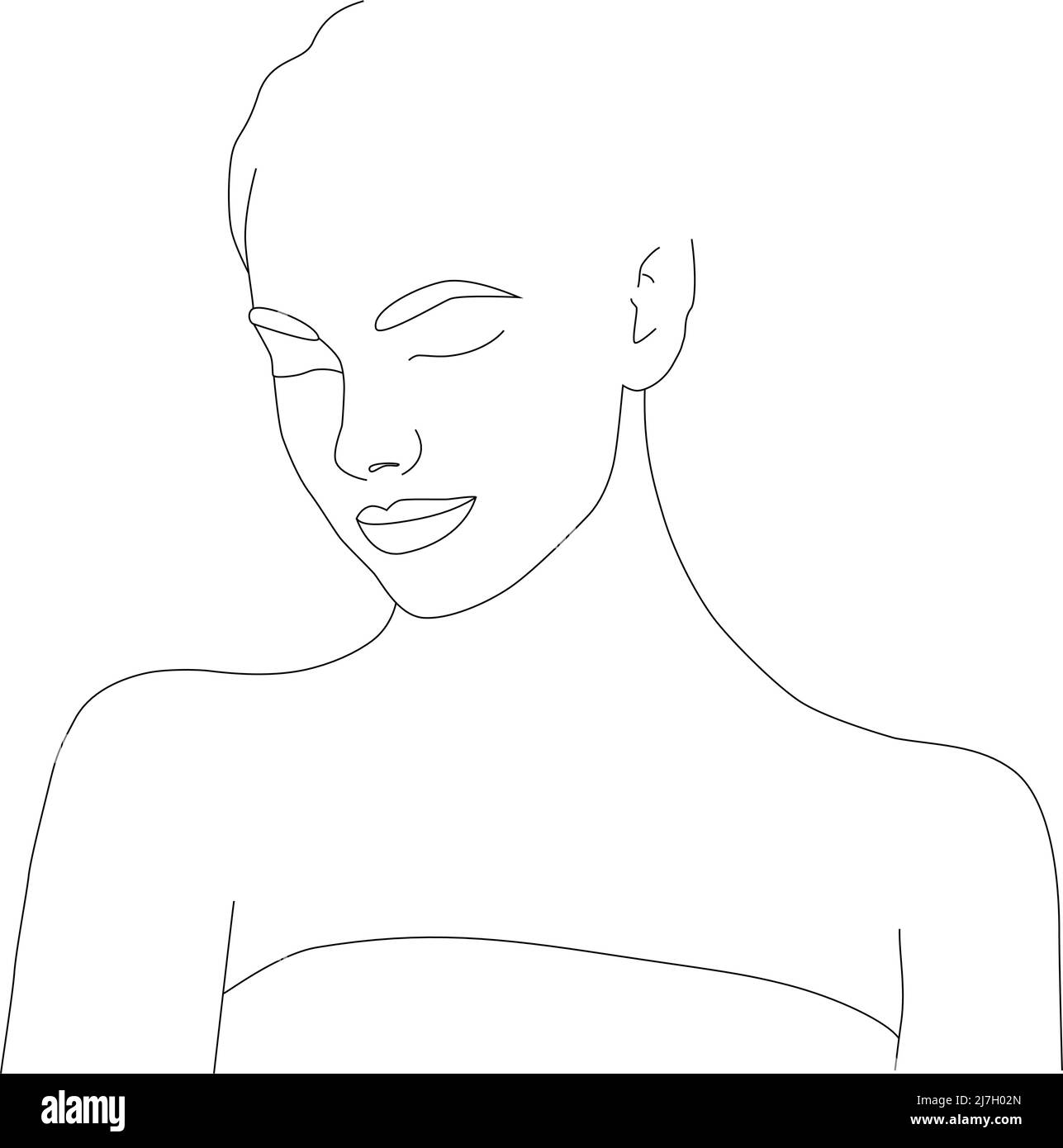 Testa femmina con disegno vettoriale di una linea di fiori. Una dima di stile con una faccia femmina con fiori. Stile lineare semplice e minimalista moderno. Illustrazione Vettoriale