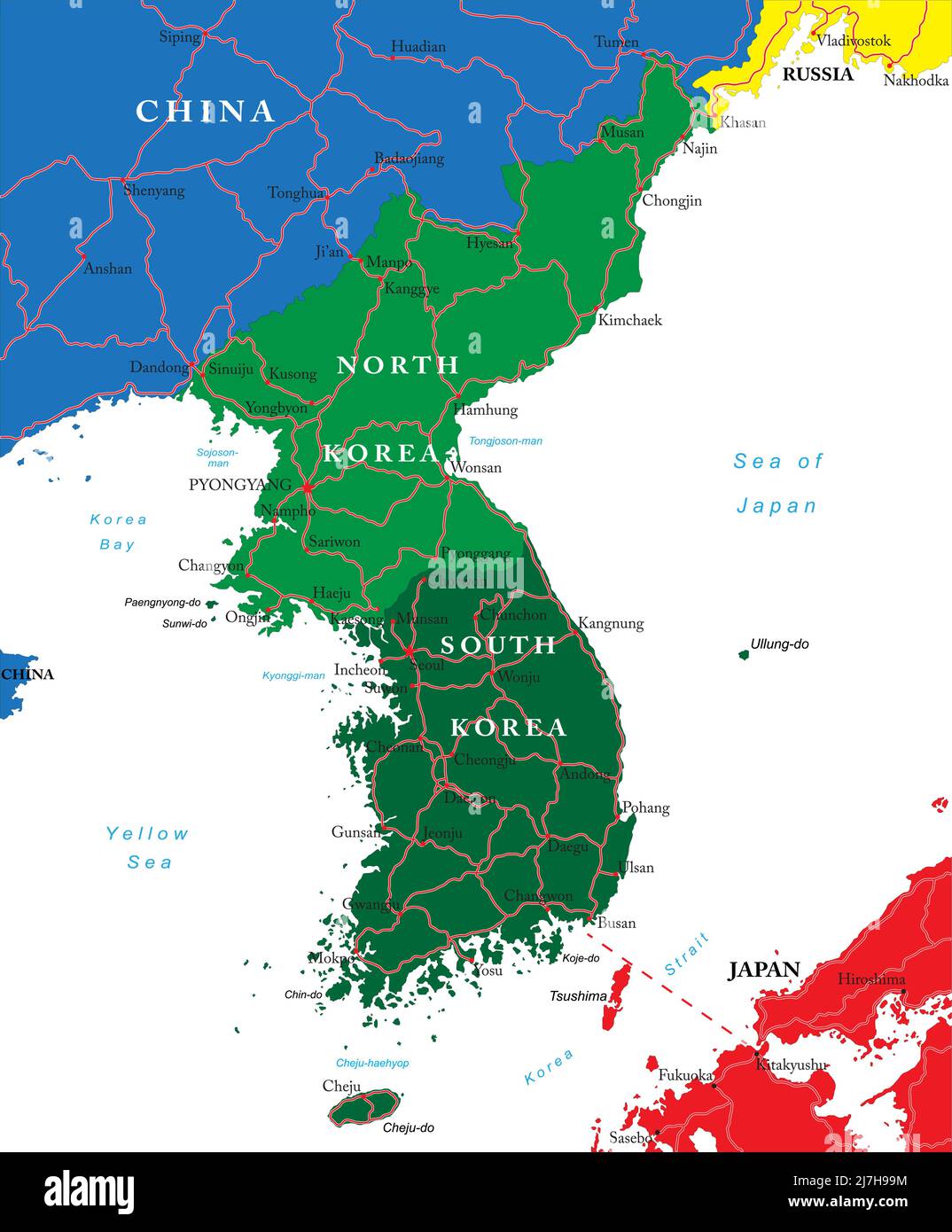 Mappa vettoriale Corea del Nord e del Sud con regioni amministrative, città principali e strade. Illustrazione Vettoriale