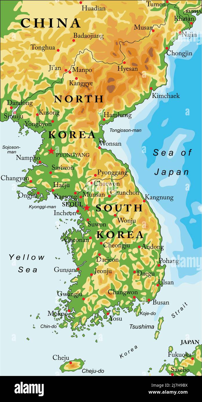 Mappa vettoriale molto dettagliata della penisola coreana con regioni amministrative, città principali e strade. Illustrazione Vettoriale