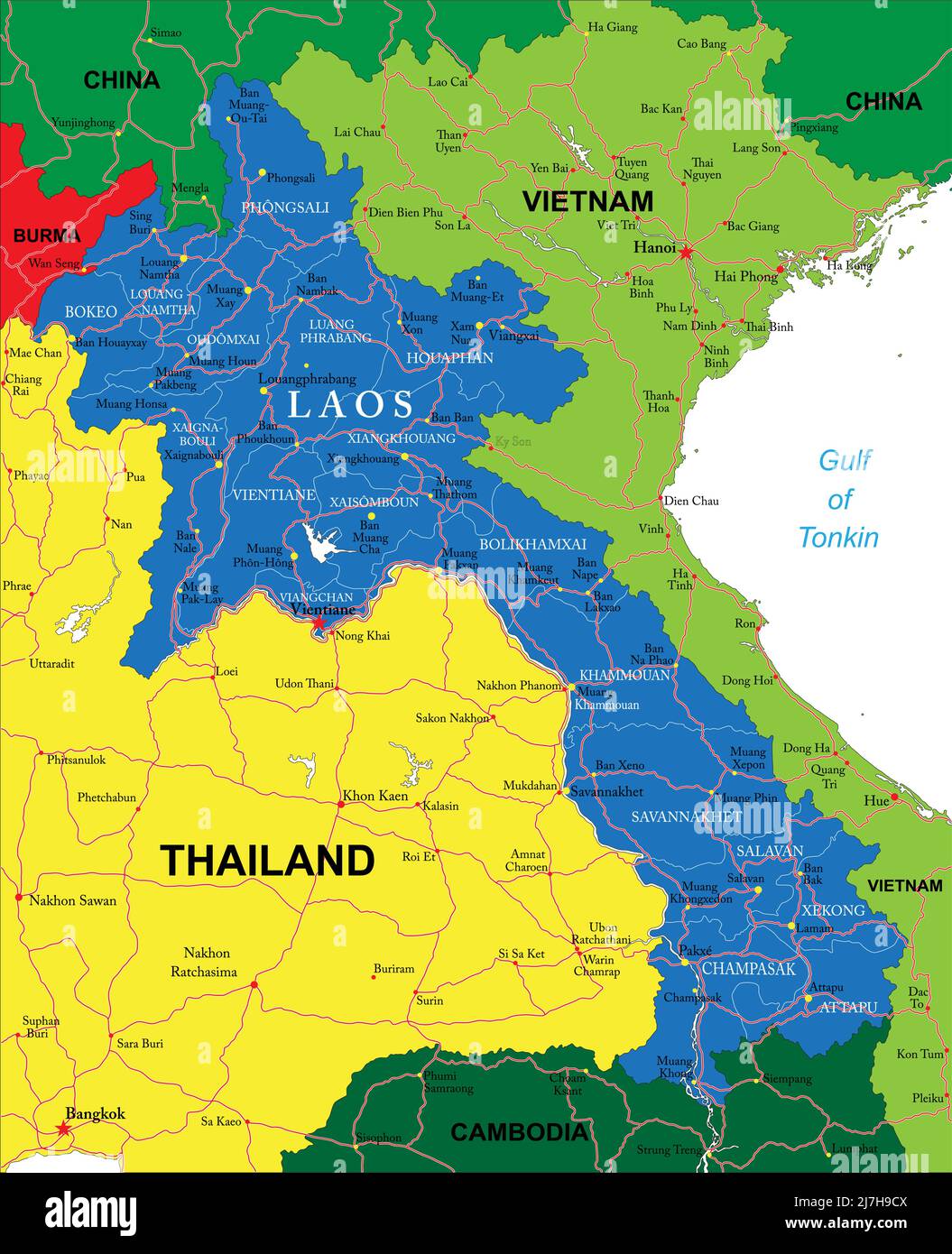 Mappa vettoriale molto dettagliata del Laos con regioni amministrative, principali città e strade. Illustrazione Vettoriale