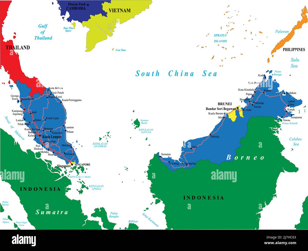 Malesia mappa vettoriale molto dettagliata con le principali città e strade. Illustrazione Vettoriale