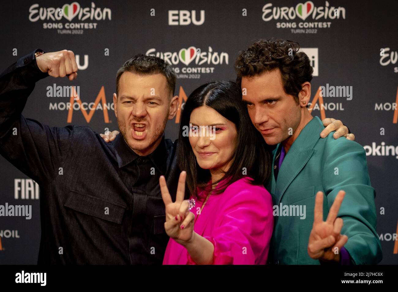 TORINO, Italia, 2022-05-09 19:08:40 TORINO - Singer Mika, presentatore Alessandro Cattelan e cantante Laura Pausini durante una conferenza stampa in vista della semifinale del Concorso Eurovision Song. ANP KIPPA LEVIGATRICE KING olanda OUT - belgio OUT Foto Stock