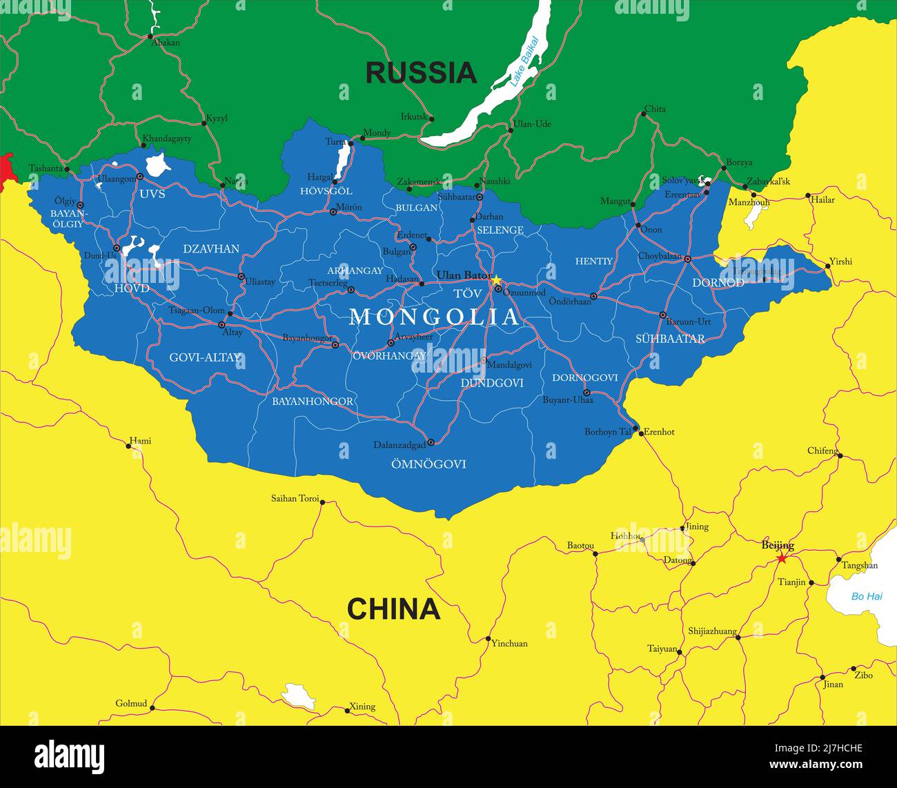 Mongolia Mappa vettoriale molto dettagliata con regioni amministrative, città principali e strade. Illustrazione Vettoriale