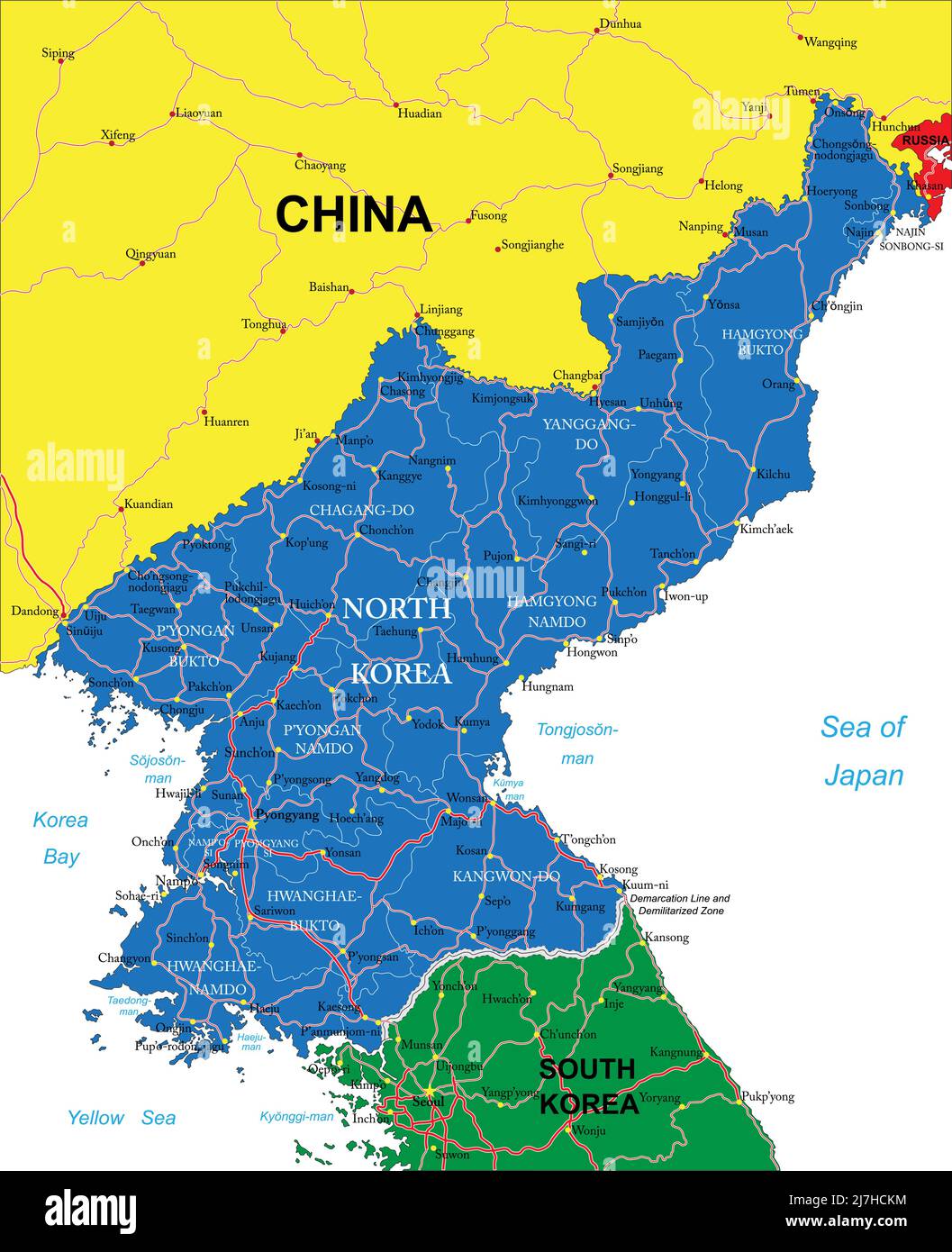 Mappa vettoriale molto dettagliata della Corea del Nord con regioni amministrative, principali città e strade. Illustrazione Vettoriale