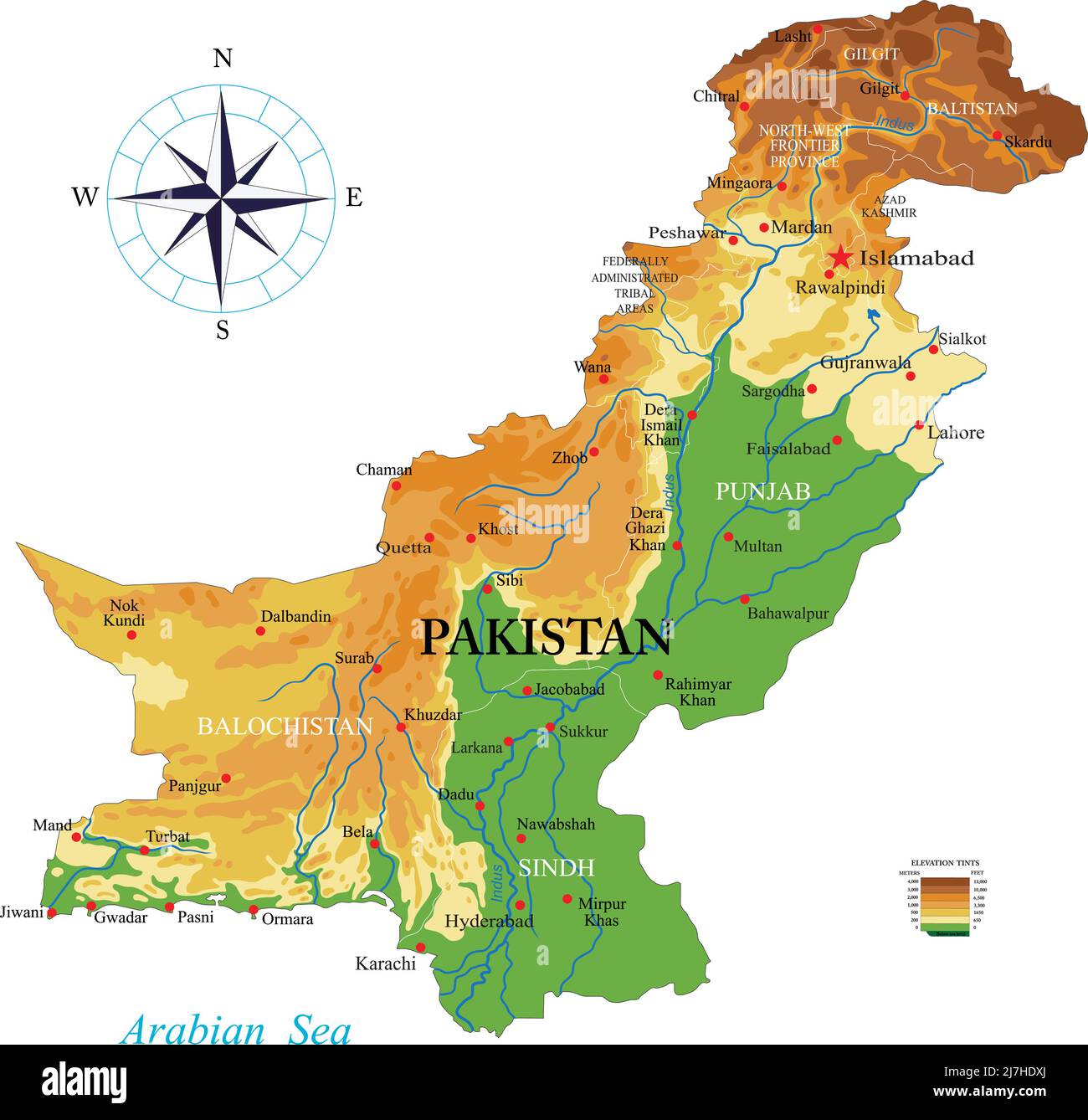 Mappa fisica molto dettagliata del Pakistan, in formato vettoriale, con tutte le forme di rilievo, regioni e grandi città. Illustrazione Vettoriale